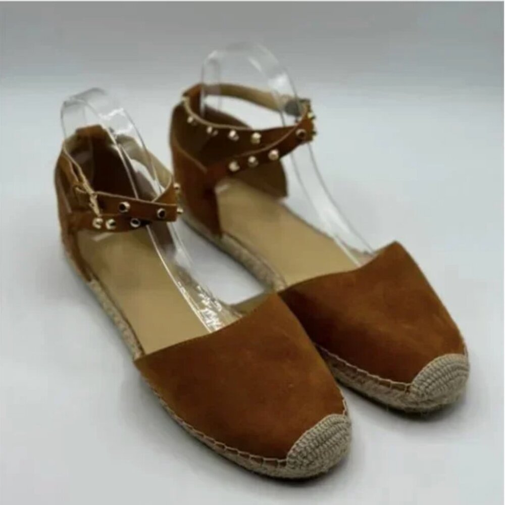 Marc Fisher Maci Stud Ballerina Espadrilles Ankle Strap Flats Brown Suede 9.5
